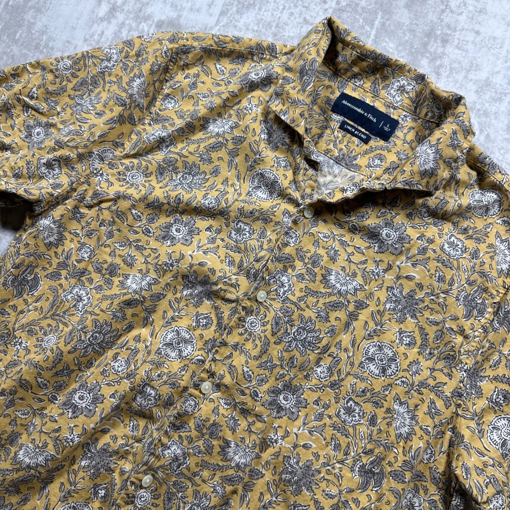 Abercrombie & Fitch Button Down Mens L Yellow Floral Linen Blend Short Sleeve
